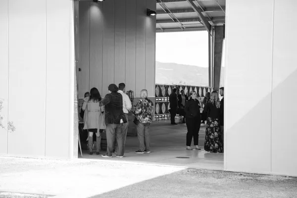 Guests gathered outside modern tasting room overlooking Napa Valley landscape