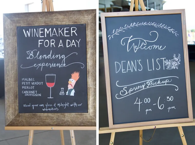 Chalkboard signs for winemaker blending experience and spring pickup