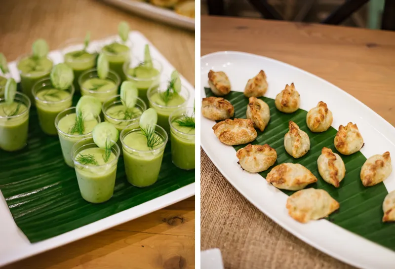 Green mint cocktails and fried dumpling appetizers on display
